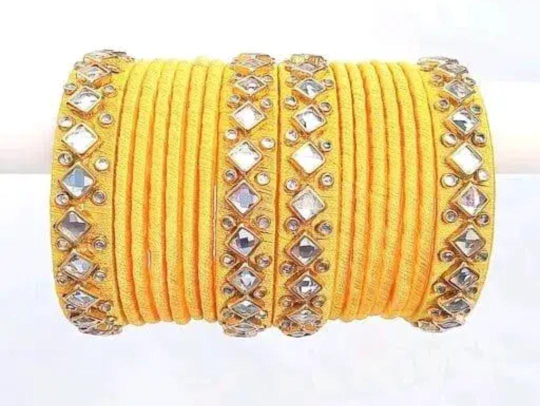 Set of 12 Bangle Set with Rhinestone and Kundan Stones in Yellow Silk Thread for Women and Girls