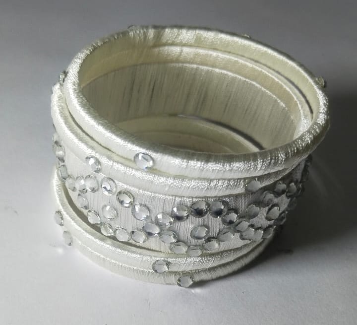 White Silk Thread Bangle Set with Rhinestone Accents