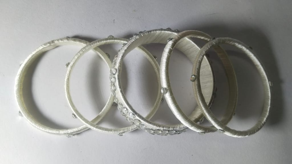 White Silk Thread Bangle Set with Rhinestone Accents