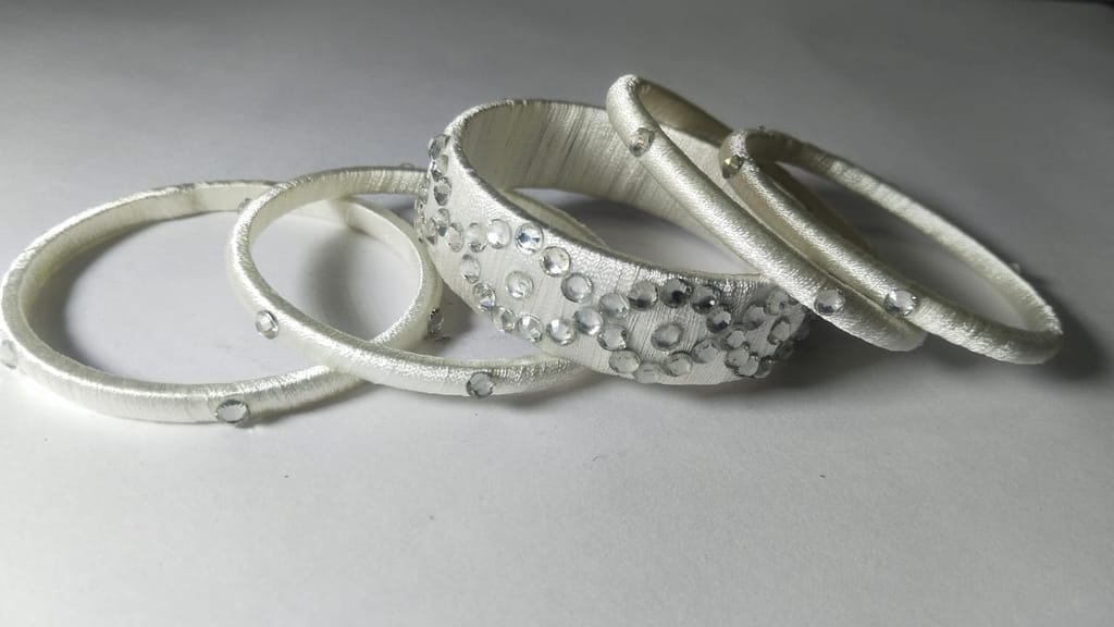 White Silk Thread Bangle Set with Rhinestone Accents