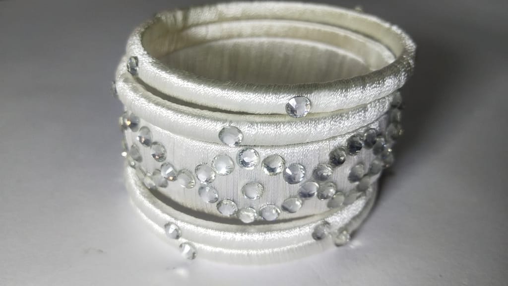 White Silk Thread Bangle Set with Rhinestone Accents