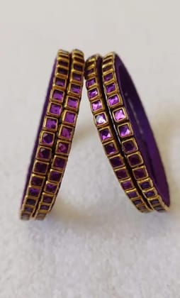 Exquisite Purple Lac Bangles with Gold Plated Stones - Set of 4