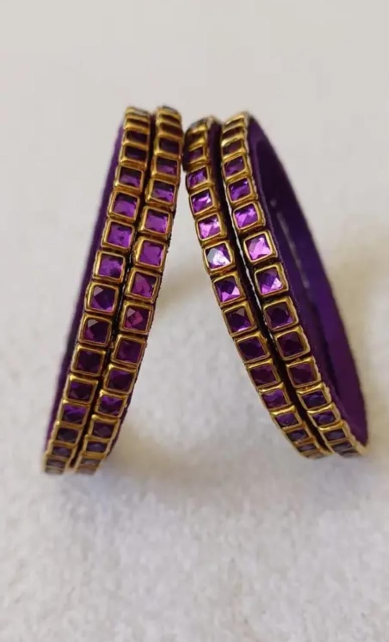 Exquisite Purple Lac Bangles with Gold Plated Stones - Set of 4