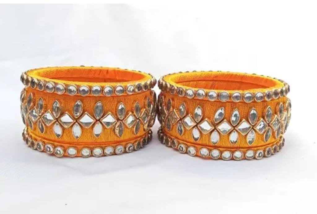 Yellow Silk Thread Bangle Set with Kundan Stones for Women