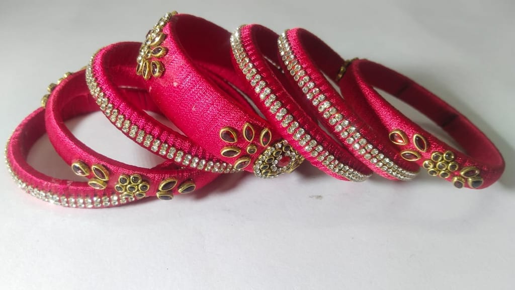 Red Silk Thread Bangle Set with Rhinestone and Beads