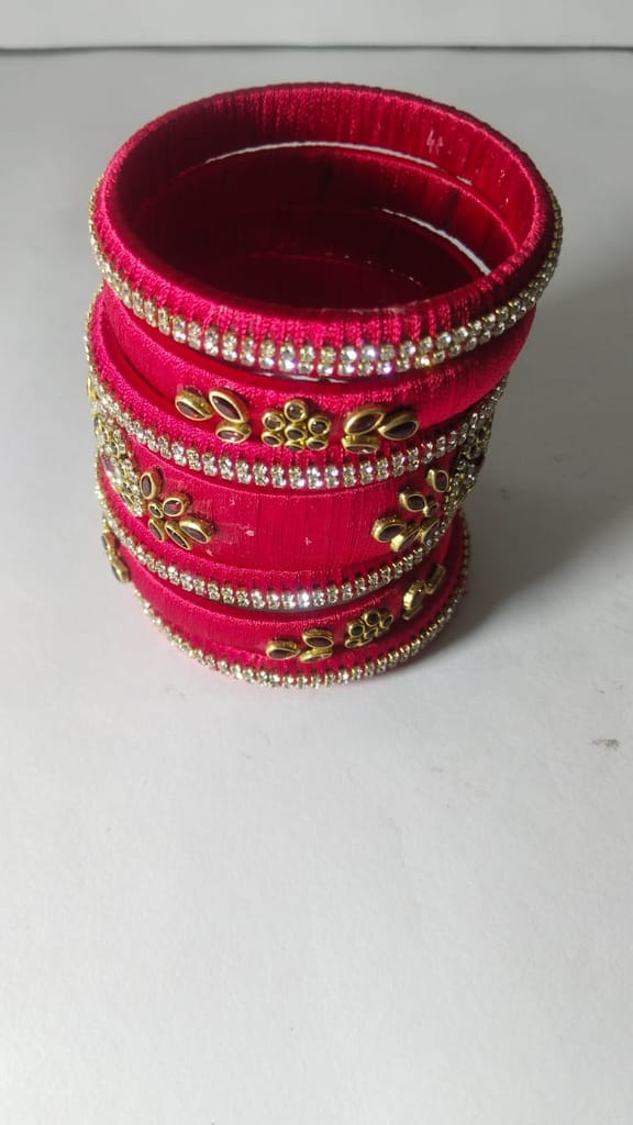 Red Silk Thread Bangle Set with Rhinestone and Beads
