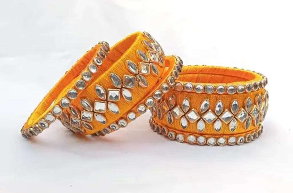 Yellow Silk Thread Bangle Set with Kundan Stones for Women