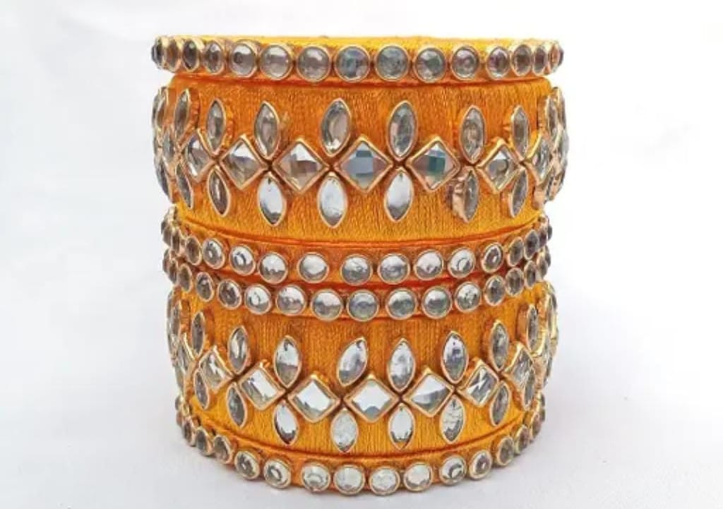Yellow Silk Thread Bangle Set with Kundan Stones for Women