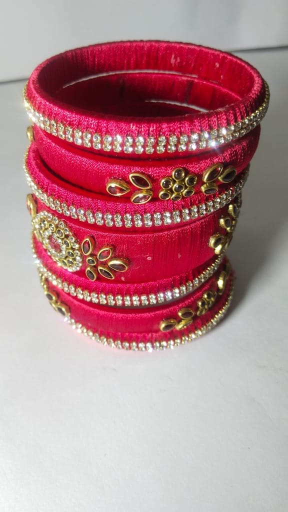 Red Silk Thread Bangle Set with Rhinestone and Beads