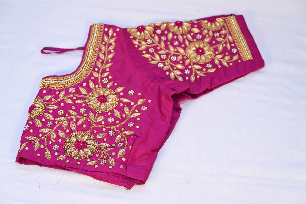 Hand Embroidered Pink Silk Saree Blouse with Zari and Stone Work