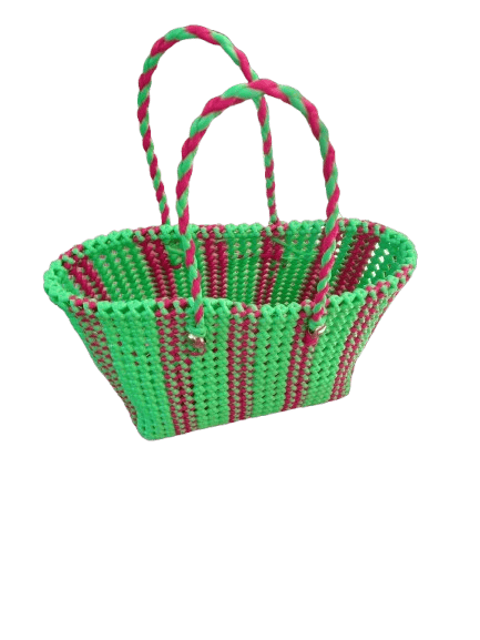 Handwoven Striped Plastic Market Basket with Double Handles - Handbags | Buy online on ZillyBuy