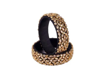 Black Silk Thread Bangle Set with Kundan Stones for Women