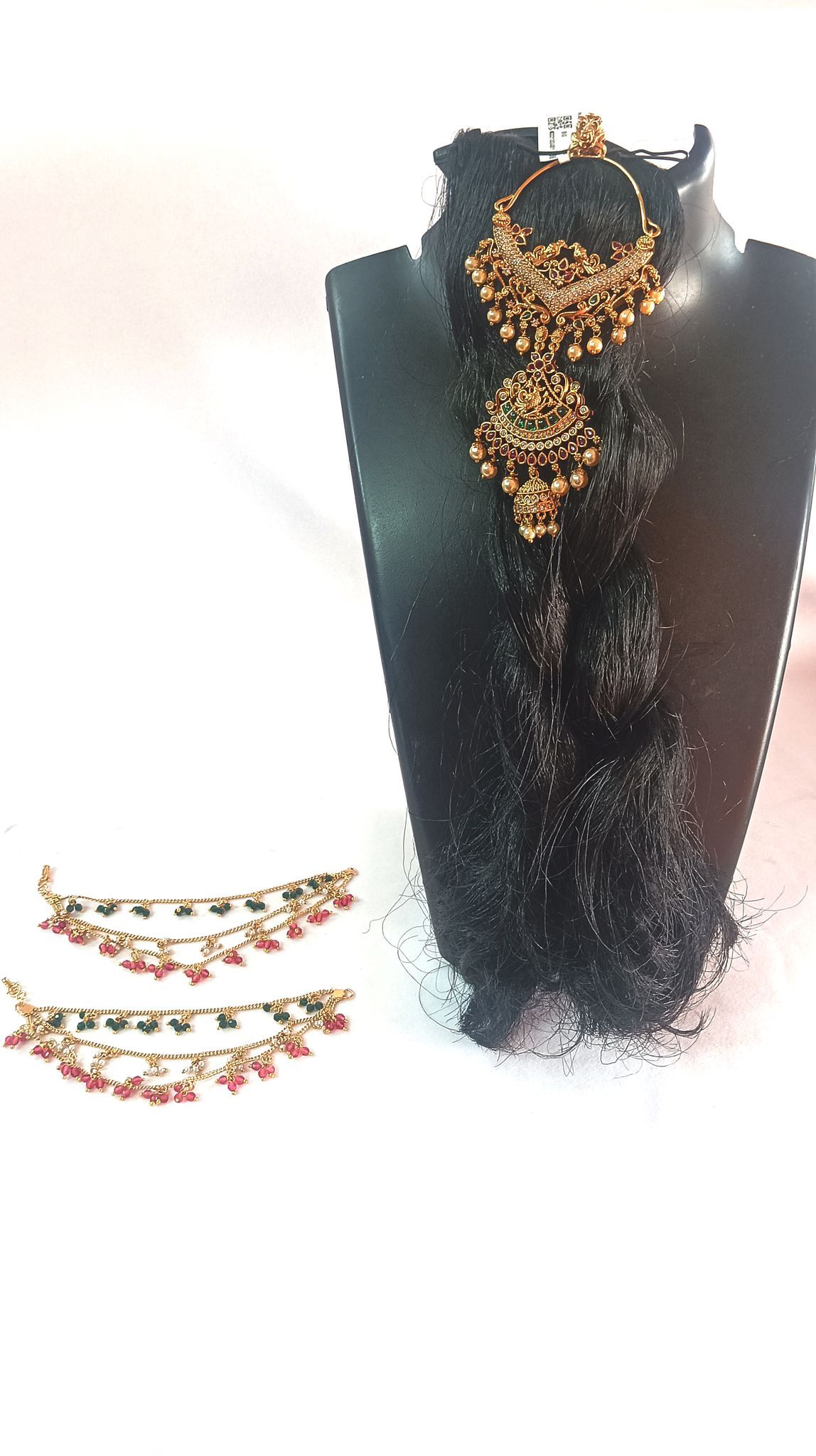 Gold-plated traditional Indian nath with green and red beads