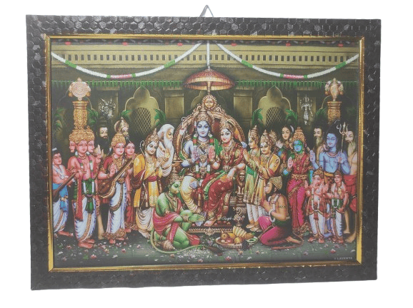 Lord Vishnu with Goddess Lakshmi and all Hindu Gods in Wooden Frame for Home and Office Decor - Pooja Needs | Buy online on ZillyBuy
