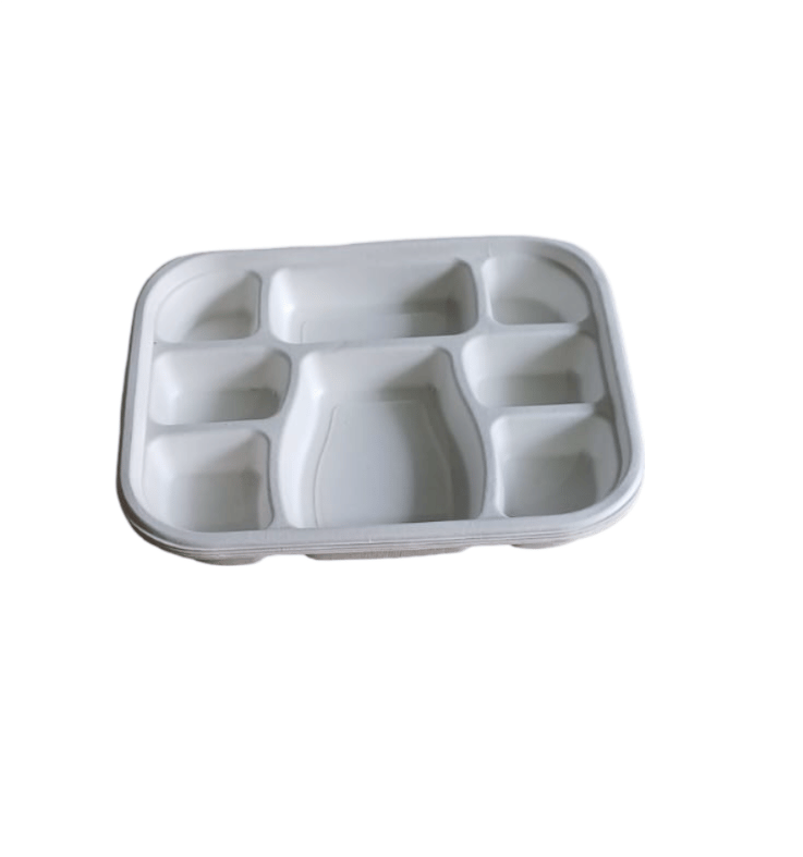 Compostable 9-inch sugarcane fiber clamshell container with 7 compartments pack of 10