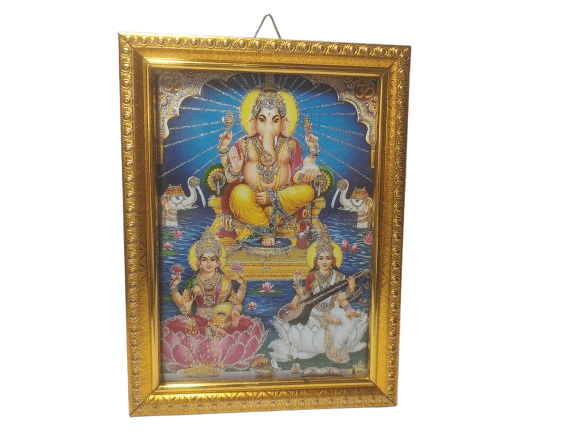 Gold-Framed Deity Print of Lakshmi, Saraswati, and Ganesha