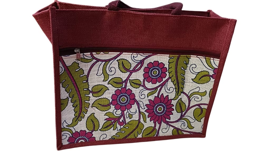 Jute Tote Bag with Zipper and Colorful Floral Print - Handbags | Buy online on ZillyBuy