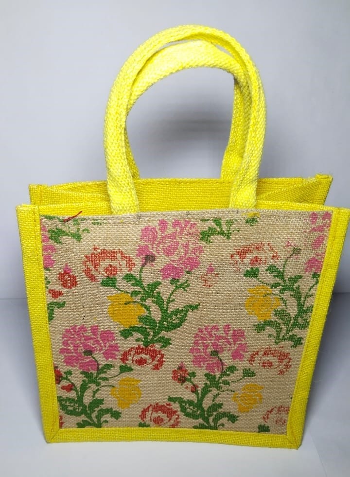 Floral Printed Jute Tote Bag with Yellow