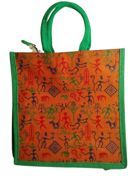 Jute Lunch Bag with Colorful Tribal Warli Painting and Green Trim