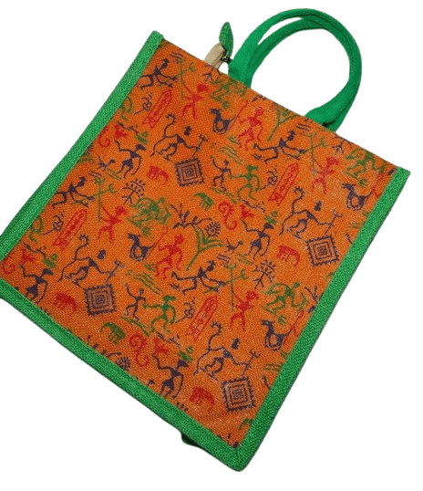 Jute Lunch Bag with Colorful Tribal Warli Painting and Green Trim