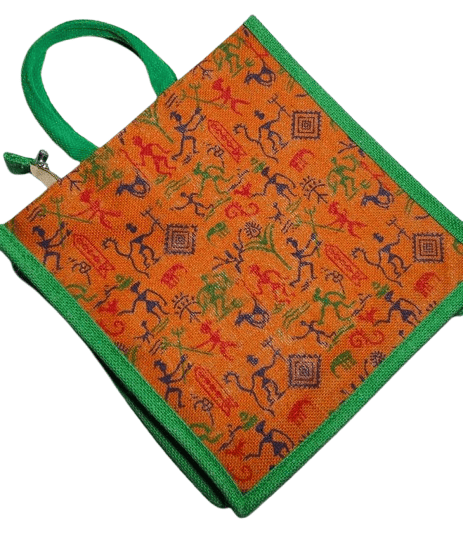 Jute Lunch Bag with Colorful Tribal Warli Painting and Green Trim