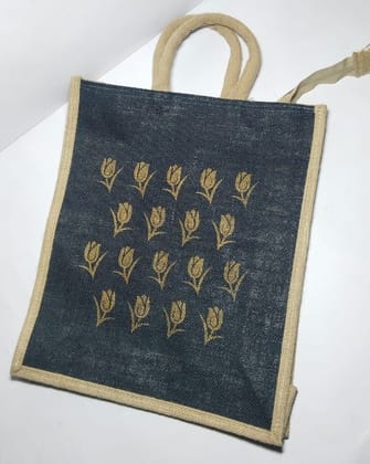 Blue Jute Bag with Golden Tulip Print