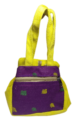Handmade Jute Mini Bag with Zipper Closure and Colorful Patchwork Design