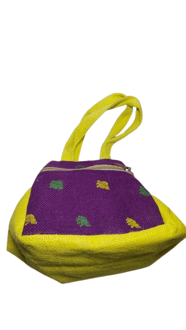 Handmade Jute Mini Bag with Zipper Closure and Colorful Patchwork Design