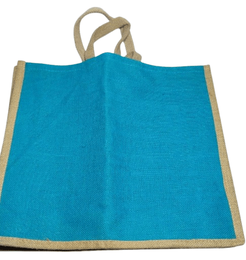 Blue Burlap Tote Bag with Brown