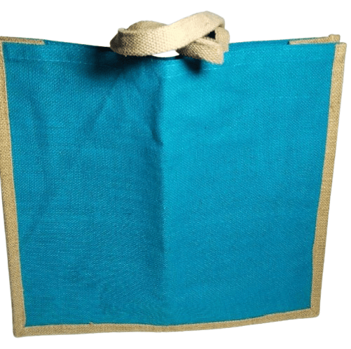 Blue Burlap Tote Bag with Brown