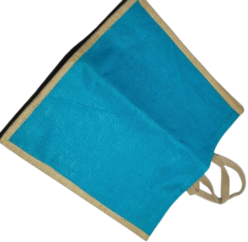 Blue Burlap Tote Bag with Brown