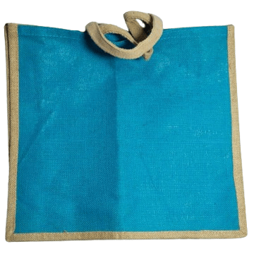 Blue Burlap Tote Bag with Brown