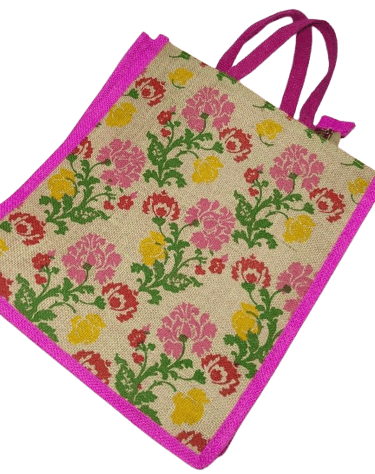Pink Floral Jute Tote Bag with Double Handles