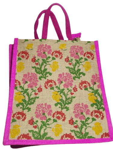 Pink Floral Jute Tote Bag with Double Handles