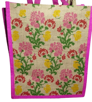 Pink Floral Jute Tote Bag with Double Handles