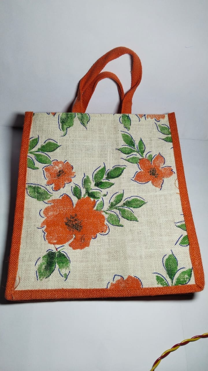 Floral Jute Tote Bag with Orange Trim
