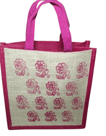 Pink Jute Bag with Floral Print