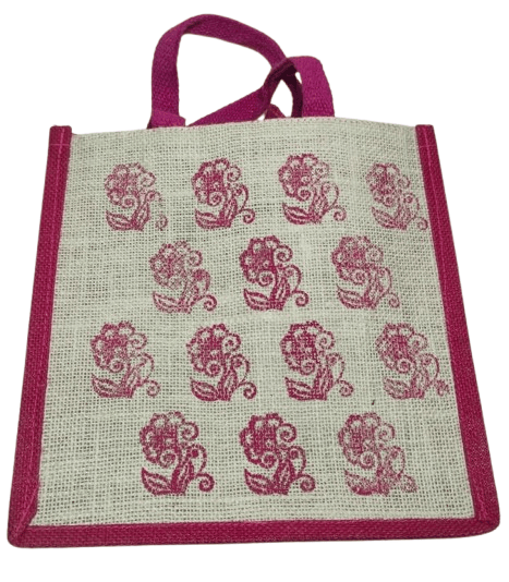 Pink Jute Bag with Floral Print