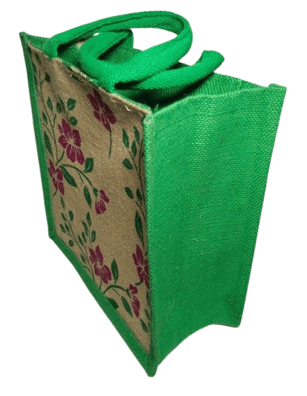 Green Jute Tote Bag with Floral Print