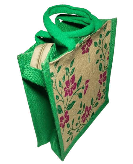 Green Jute Tote Bag with Floral Print