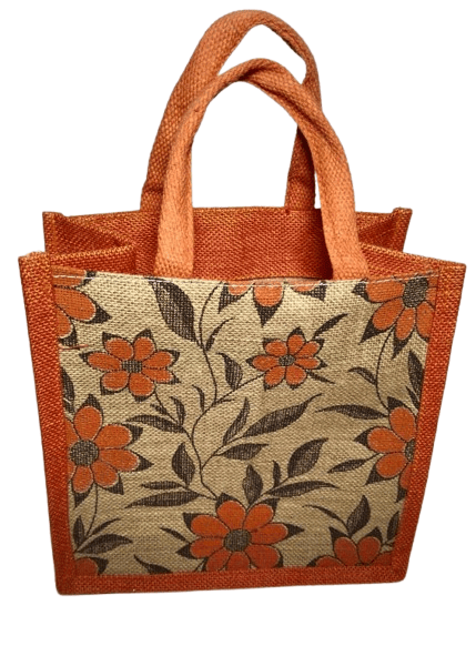 Orange Jute Bag with Floral Print