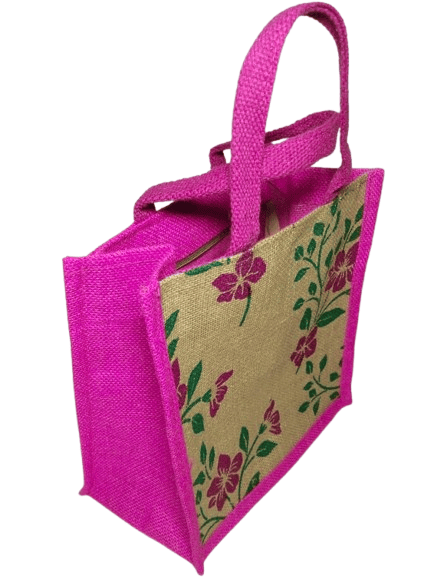 Pink Jute Tote Bag with Floral Print