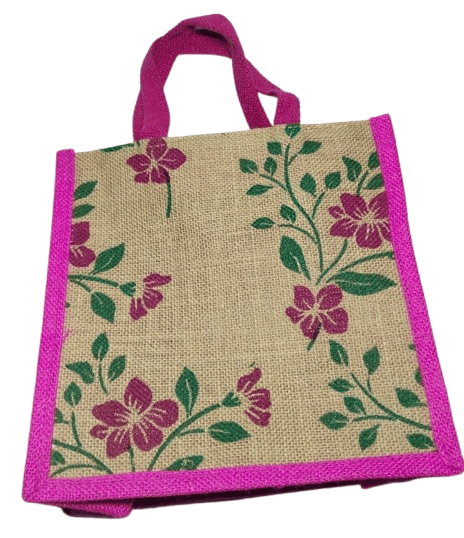 Pink Jute Tote Bag with Floral Print