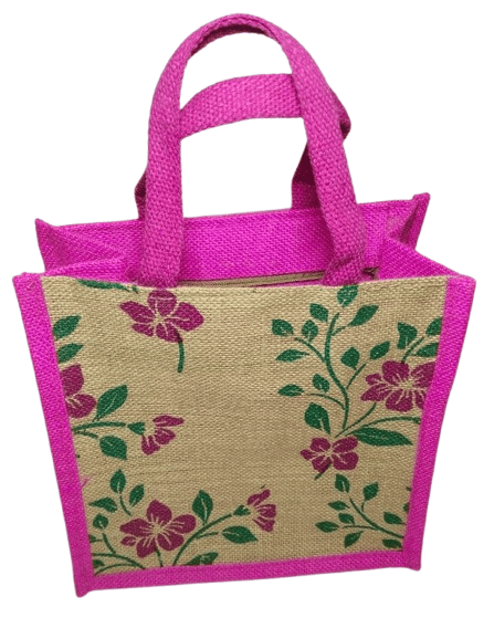 Pink Jute Tote Bag with Floral Print