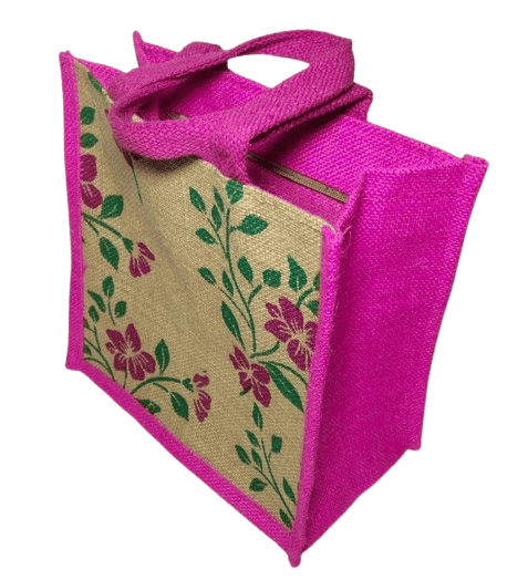 Pink Jute Tote Bag with Floral Print
