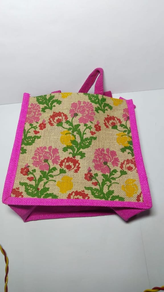 Pink Floral Jute Tote Bag