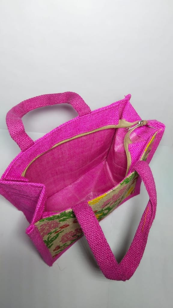 Pink Floral Jute Tote Bag