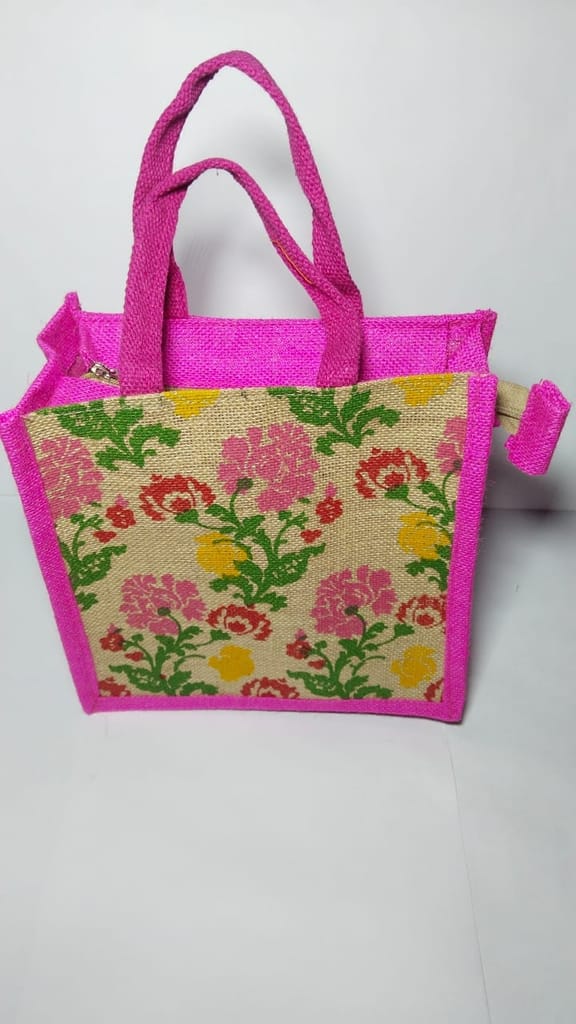 Pink Floral Jute Tote Bag