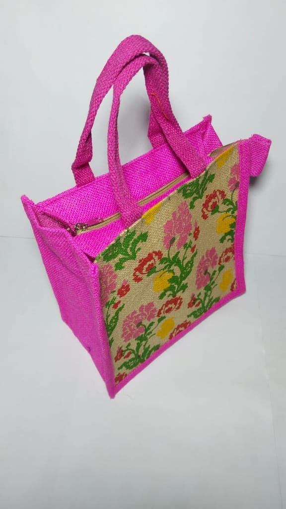 Pink Floral Jute Tote Bag