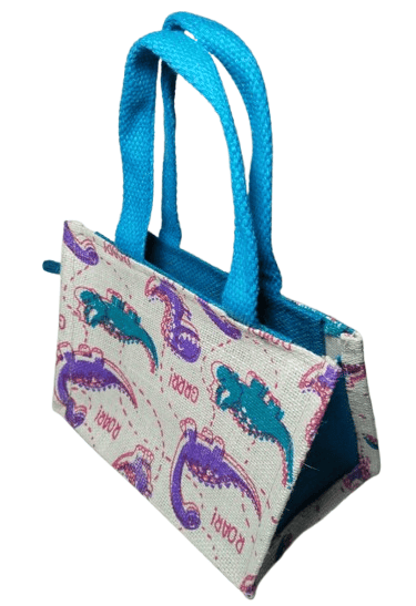 Dinosaur Jute Bag with Blue Handles